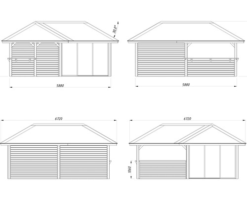 Dessin technique d''une maison de jardin avec dimensions.