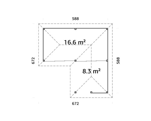 Plan d''un abri de jardin avec des dimensions de 588 sur 672 et une superficie de 16,6 mètres carrés