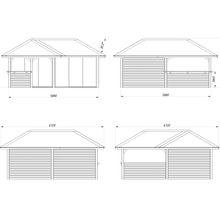 Dessin technique d''un pavillon de jardin avec dimensions