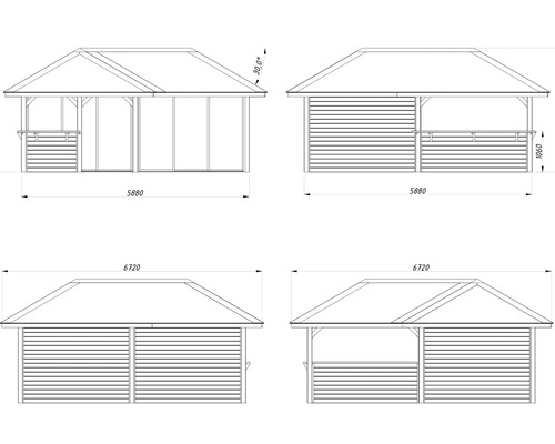 Dessin technique d''un pavillon de jardin avec dimensions