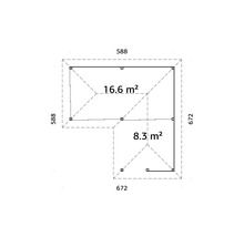 Plan d''un abri de jardin mesurant 588 x 672 centimètres et d''une superficie de 16,6 mètres carrés et 8,3 mètres carrés