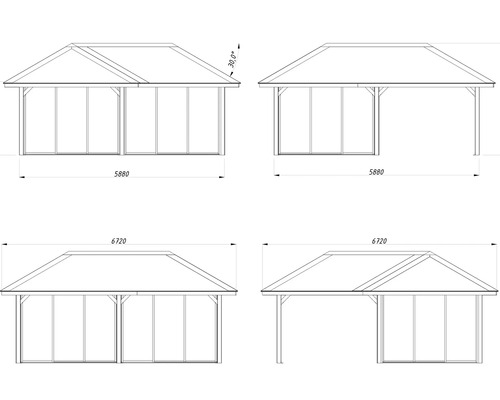 Dessin technique d''un pavillon avec différentes vues et dimensions