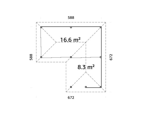 Plan d''un abri de jardin avec indication de surface de 16,6 m² et 8,3 m² et indication de dimension en centimètres.