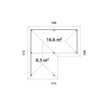 Plan d''un abri de jardin mesurant 672 sur 672 et 588 sur 588 avec une surface de 8,3 mètres carrés et 16,6 mètres carrés
