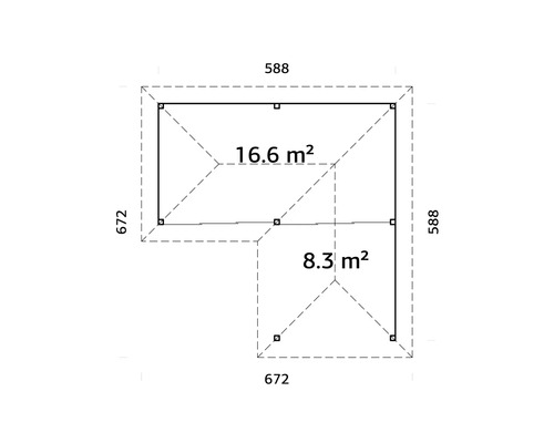 Plan avec les dimensions 588 x 672 cm et les indications de surface de 16,6 et 8,3 mètres carrés