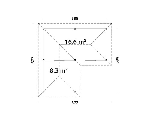 Plan d''un abri de jardin avec les dimensions 672 x 672 cm et 588 x 588 cm ainsi que les indications de surface 16,6 m² et 8,3 m²