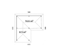 Plan d''un abri de jardin mesurant 672 sur 672 et 588 sur 588 centimètres, avec une surface de 16,6 et 8,3 mètres carrés