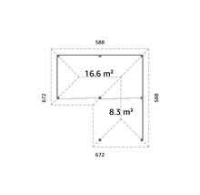 Plan avec les dimensions 588 par 588 et 672 par 672 avec 16.6 et 8.3 mètres carrés