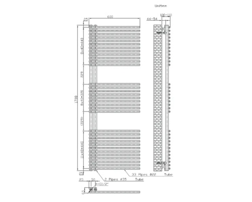 Schéma technique d''un sèche-serviettes avec dimensions