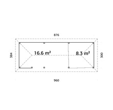 Plan d''un abri de jardin mesurant 960 sur 384 et 876 sur 300 centimètres, avec indication des surfaces