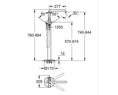 Schéma technique d''un robinet de baignoire îlot avec dimensions