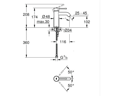 Schéma technique d''un robinet avec indications de dimensions