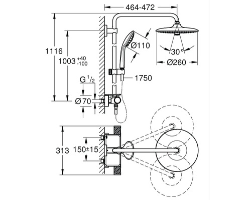 Schéma technique d''un mitigeur de douche avec dimensions