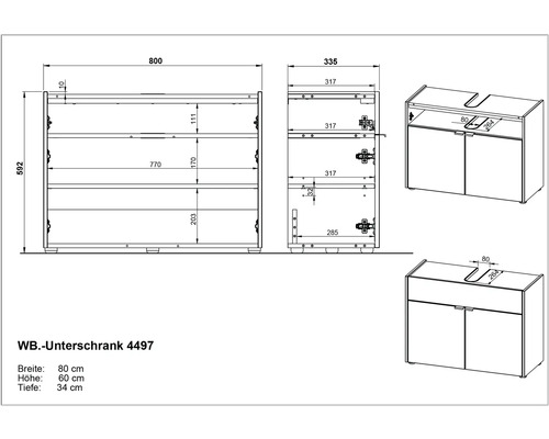 Schéma technique du meuble sous-lavabo avec dimensions