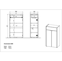 Schéma technique d''une commode indiquant la largeur, la hauteur et la profondeur