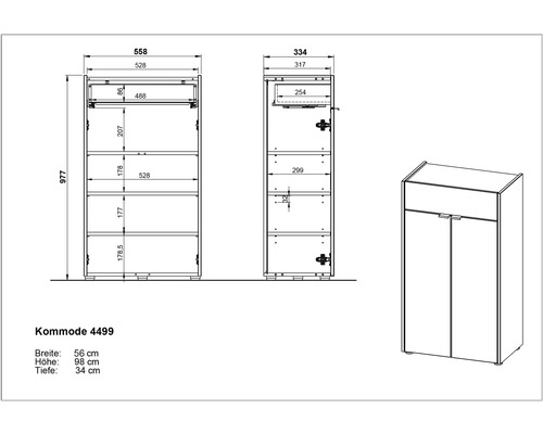 Schéma technique d''une commode indiquant la largeur, la hauteur et la profondeur