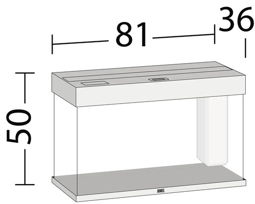 Illustration d''un aquarium avec les dimensions suivantes : 50 cm de hauteur, 81 cm de longueur et 36 cm de largeur.