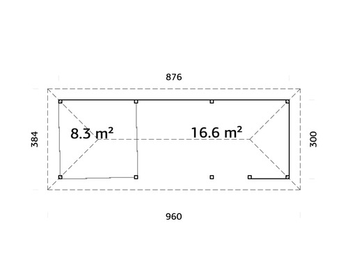 Plan d''un abri de jardin avec indication des surfaces en mètres carrés et des dimensions en centimètres