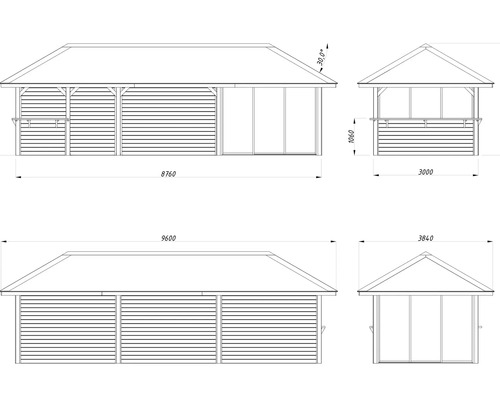Dessin technique d''un pavillon avec dimensions