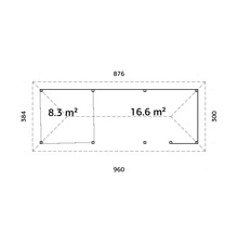 Plan d''un abri de jardin avec indication de la superficie en mètres carrés et dimensions extérieures en centimètres