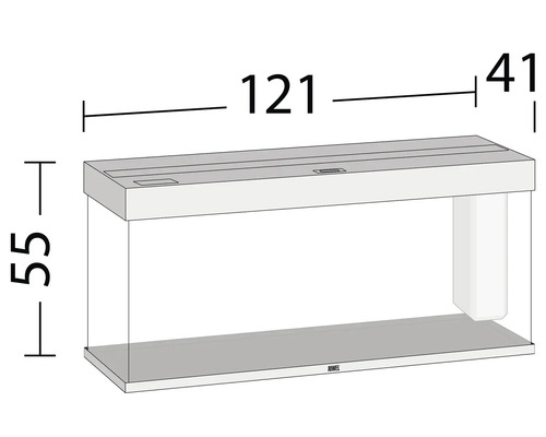 Abbildung der Abmessungen eines Juwel Aquariums: 121 cm Länge, 55 cm Höhe, 41 cm Tiefe