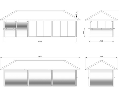 Dessin technique d''un pavillon de jardin avec dimensions