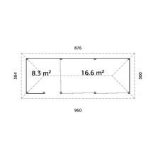 Plan d''un abri de jardin avec les dimensions 384 x 876 centimètres et 300 x 960 centimètres, ainsi que les indications de surface 8,3 mètres carrés et 16,6 mètres carrés.