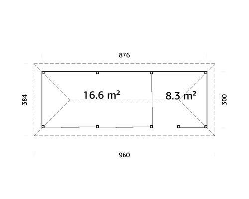 Plan d''un abri de jardin avec des dimensions de 960 x 384 centimètres et une superficie de 16,6 mètres carrés et 8,3 mètres carrés