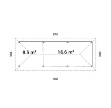 Plan d''un abri de jardin avec les dimensions 960 x 876 x 384 cm et les surfaces 8,3 m² et 16,6 m².