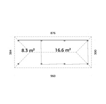 Plan d''un abri de jardin mesurant 960 x 876 x 384 centimètres, avec une superficie de 24,9 mètres carrés