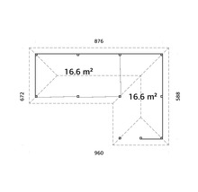 Plan d''un abri de jardin avec les dimensions 876 x 960 x 672 x 588 cm et une superficie de 16,6 mètres carrés