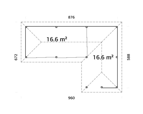 Plan d''un abri de jardin avec les dimensions 876 x 960 x 672 x 588 cm et une superficie de 16,6 mètres carrés