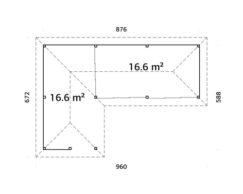Plan d''un abri de jardin avec des dimensions de 960 x 876 x 672 x 588 et une superficie de 2 x 16,6 mètres carrés
