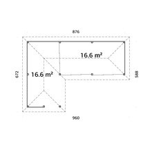 Plan d''un abri de jardin mesurant 960 x 876 x 672 x 588 et d''une superficie de 16,6 mètres carrés