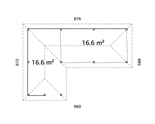 Plan d''un abri de jardin avec des dimensions de 960 x 876 x 672 x 588 et une surface de 2 x 16,6 mètres carrés