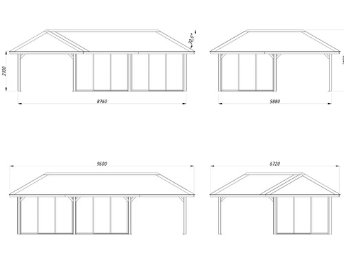 Dessin technique d''un pavillon avec paroi latérale et dimensions