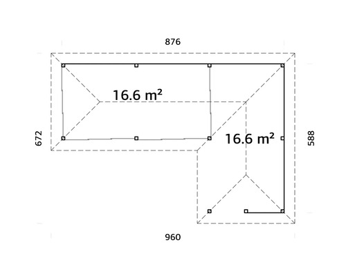 Plan d''un abri de jardin mesurant 876 sur 672 et 960 sur 588, superficie de 16,6 mètres carrés