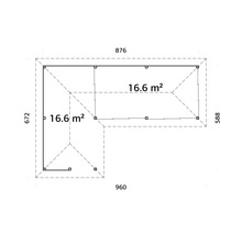 Plan d''un abri de jardin avec des dimensions de 960 x 876 x 672 x 588 cm et une superficie de 2 x 16,6 mètres carrés