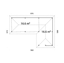 Plan d''un abri de jardin avec des dimensions de 876 x 672 x 960 x 588 et une surface de 16,6 mètres carrés.