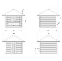 Dessin technique d''une cabane de jardin avec dimensions.