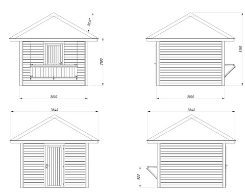 Dessin technique d''une cabane de jardin avec dimensions.
