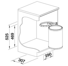 Technische Zeichnung eines Mülltrennsystems mit Maßangaben