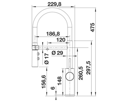 Dessin technique d''un robinet de cuisine avec dimensions