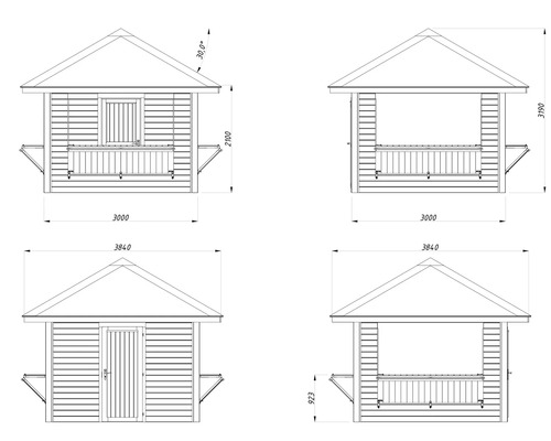Dessin technique d''un pavillon de jardin avec dimensions.