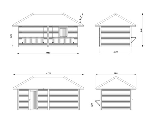 Schéma technique d''un abri de jardin avec dimensions.