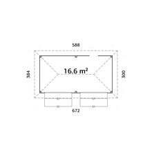 Plan d''un abri de jardin avec des dimensions de 588 sur 672 sur 384 sur 300 et une superficie de 16,6 mètres carrés.