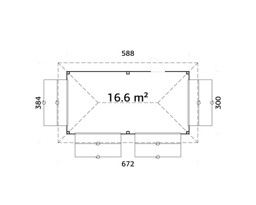 Plan du chalet de jardin avec les dimensions de la longueur, de la largeur et de la surface du toit.