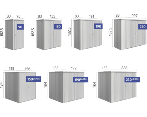 Verschiedene Größen von Metallschränken mit Breiten von 90 cm, 150 cm, 190 cm und 230 cm