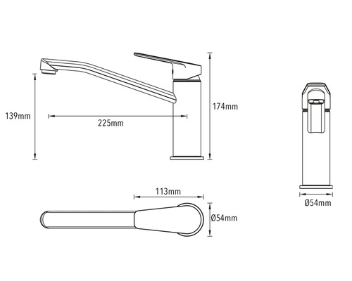 Dessin technique d''un robinet de cuisine avec dimensions