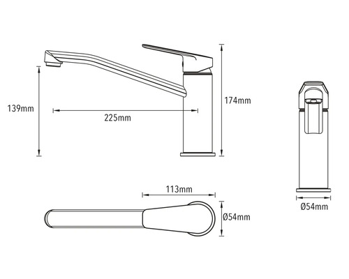 Dessin technique d''un robinet de cuisine avec dimensions